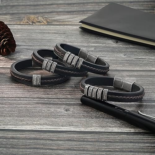 Jeweidea Personalized Leather Bracelet with Name Beads, Custom Braided Bangle Father's Day Engraved Jewelry Gifts for Men Dad Him Husband