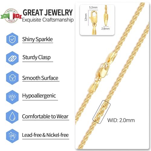 Jewlpire 2MM Italian Luxury Solid 18k Gold Over 925 Sterling Silver Chain Necklace for Women Men, Diamond Cut Rope Chain Sturdy & Comfortable Women's Chain Necklaces, 16 18 20...