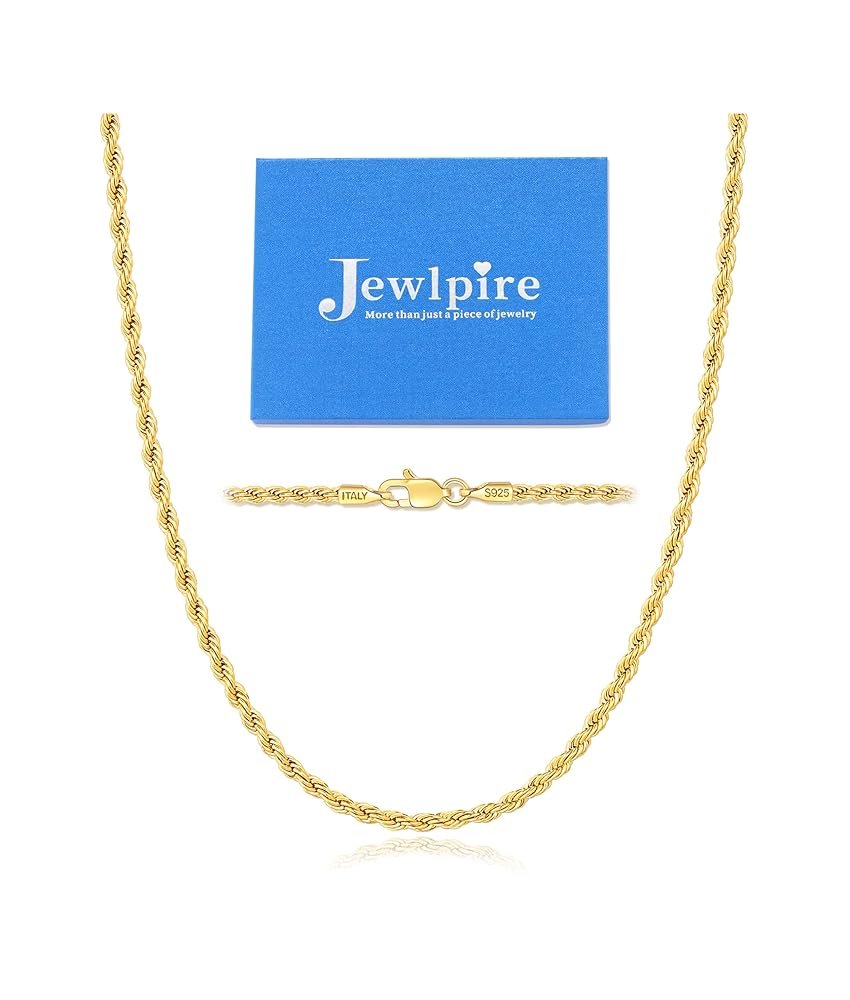 Jewlpire 2MM Italian Luxury Solid 18k Gold Over 925 Sterling Silver Chain Necklace for Women Men, Diamond Cut Rope Chain Sturdy & Comfortable Women's Chain Necklaces, 16 18 20...