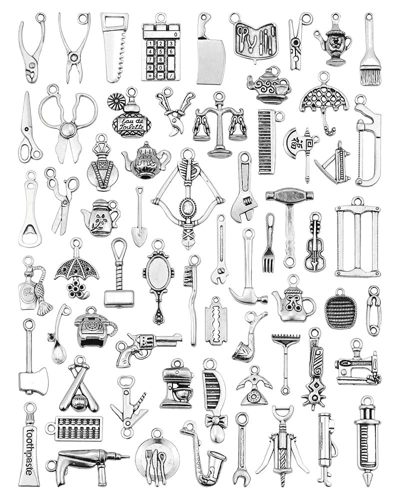 JIALEEY 65PCS Home Tool Charms Collection, Wholesale Bulk Lots Antique Silver Tibetan Alloy Worker 3D Tools Charms Pendants DIY for Jewelry Making and Crafting