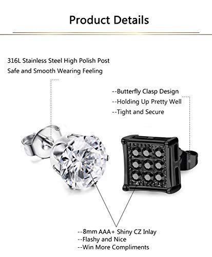 JOERICA 4 Pairs Stainless Steel Stud Earrings for Men Women Silver Black Square Earrings Set Mens Earrings Inlaid Cubic Zirconia 6-10MM