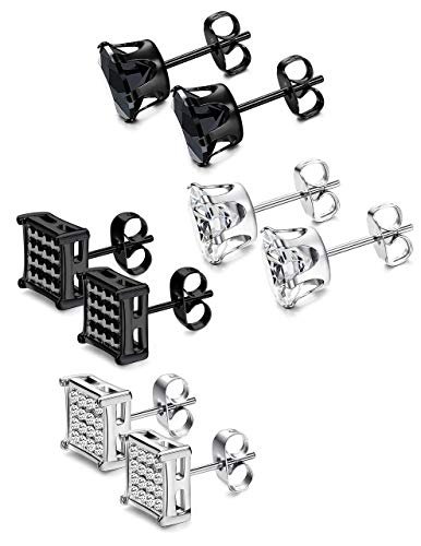 JOERICA 4 Pairs Stainless Steel Stud Earrings for Men Women Silver Black Square Earrings Set Mens Earrings Inlaid Cubic Zirconia 6-10MM