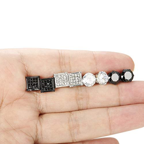 JOERICA 4 Pairs Stainless Steel Stud Earrings for Men Women Silver Black Square Earrings Set Mens Earrings Inlaid Cubic Zirconia 6-10MM