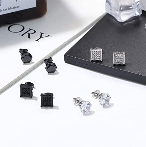 JOERICA 4 Pairs Stainless Steel Stud Earrings for Men Women Silver Black Square Earrings Set Mens Earrings Inlaid Cubic Zirconia 6-10MM