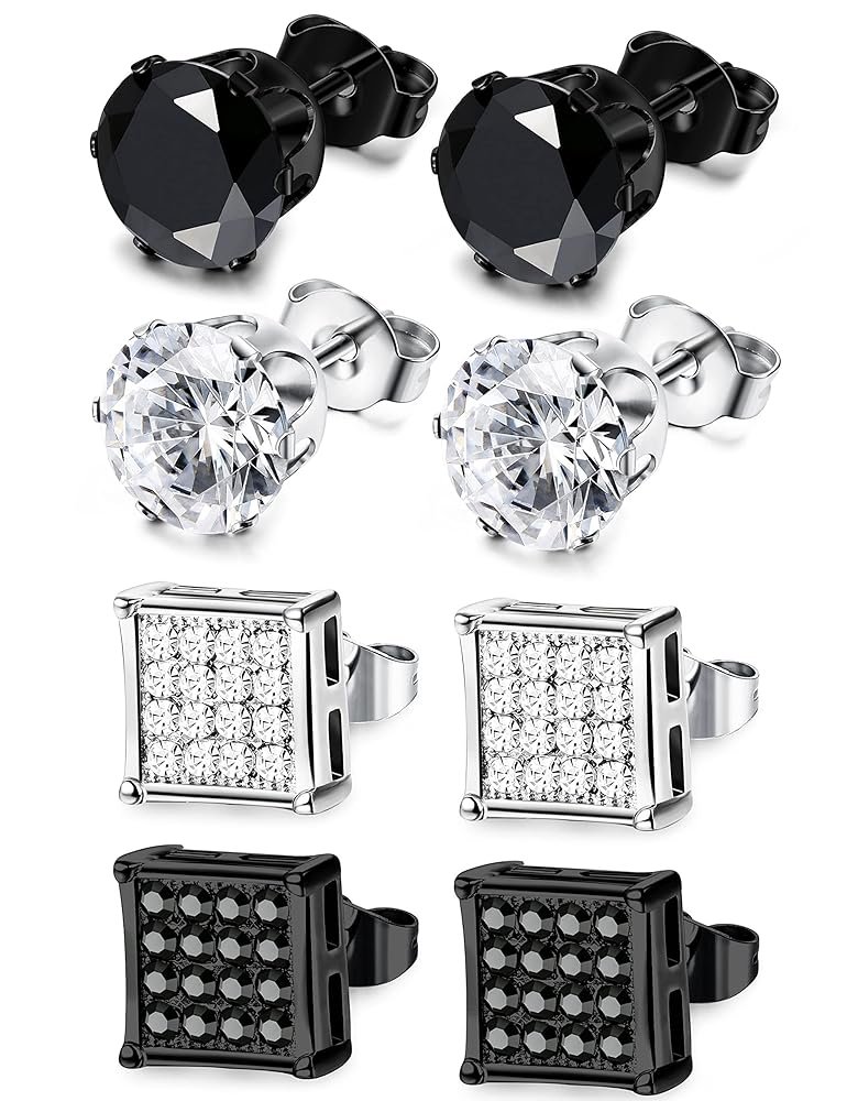 JOERICA 4 Pairs Stainless Steel Stud Earrings for Men Women Silver Black Square Earrings Set Mens Earrings Inlaid Cubic Zirconia 6-10MM