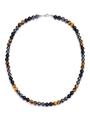 Jovivi Mens Healing Crystal Black Obsidian Tigers Eye Hematite Beaded Necklace Natural Stone Beads Necklace Triple Protection Jewelry Gifts for Men Stress Relief,Balance