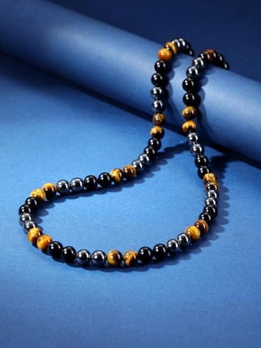 Jovivi Mens Healing Crystal Black Obsidian Tigers Eye Hematite Beaded Necklace Natural Stone Beads Necklace Triple Protection Jewelry Gifts for Men Stress Relief,Balance