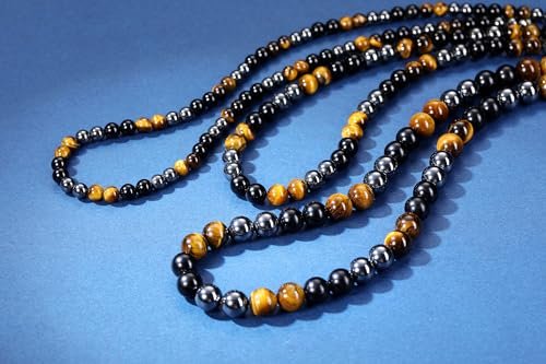 Jovivi Mens Healing Crystal Black Obsidian Tigers Eye Hematite Beaded Necklace Natural Stone Beads Necklace Triple Protection Jewelry Gifts for Men Stress Relief,Balance