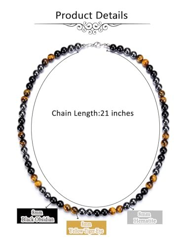 Jovivi Mens Healing Crystal Black Obsidian Tigers Eye Hematite Beaded Necklace Natural Stone Beads Necklace Triple Protection Jewelry Gifts for Men Stress Relief,Balance