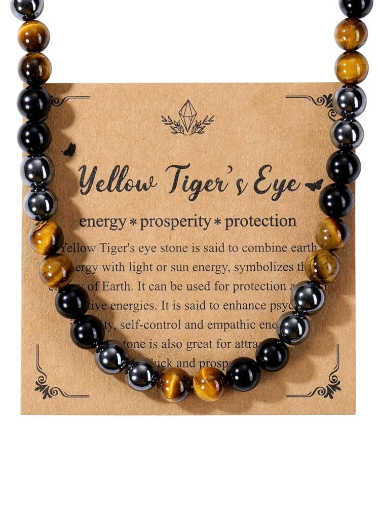 Jovivi Mens Healing Crystal Black Obsidian Tigers Eye Hematite Beaded Necklace Natural Stone Beads Necklace Triple Protection Jewelry Gifts for Men Stress Relief,Balance