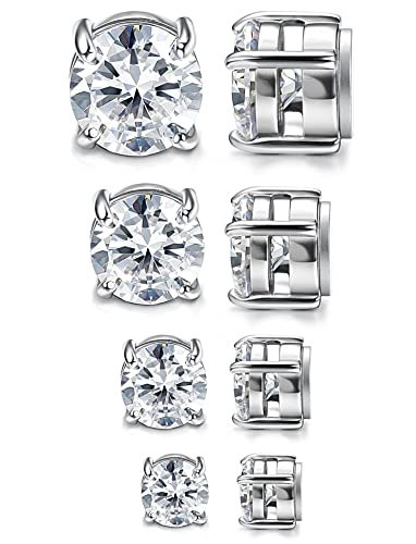 Jstyle 4-7MM Magnetic Earrings for Men Women Shiny Round Cubic Zirconia Stud Earrings for Non-Pierced Ears Hypoallergenic Stainless Steel Fake Earrings Not Easy to Fall off