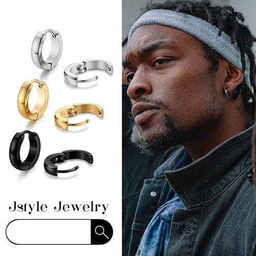 Jstyle Hypoallergenic Small Hoop Earrings for Men Women 316L Surgical Stainless Steel Gold/Silver/Black Hoop Earrings for Sensitive Ears Mens Hoop Huggie Earrings Ear Piercing...