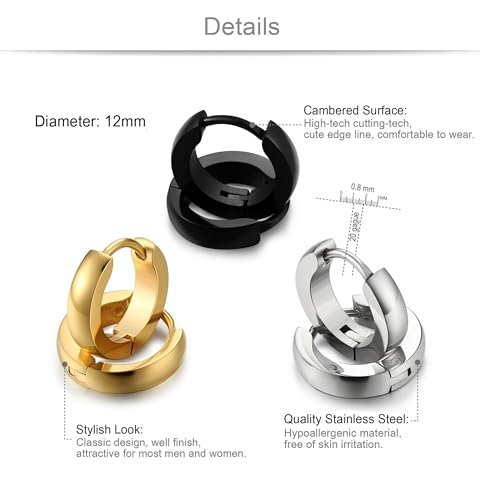 Jstyle Hypoallergenic Small Hoop Earrings for Men Women 316L Surgical Stainless Steel Gold/Silver/Black Hoop Earrings for Sensitive Ears Mens Hoop Huggie Earrings Ear Piercing...