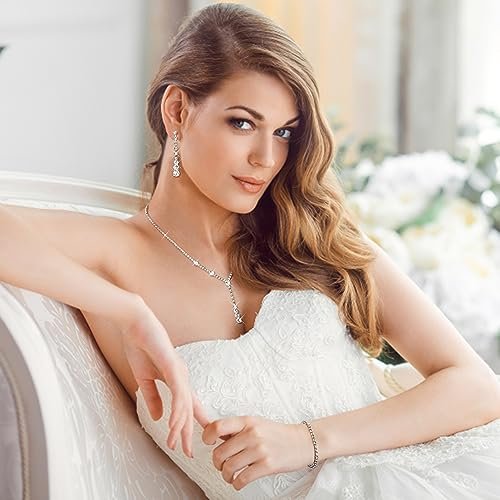 Jstyle Silver Jewelry Set for Women Rhinestone Crystal Necklace Drop Earrings Link Bangle Bracelet Bridal Wedding Jewelry Sets for Brides Bridemaid Prom Costume Accessories