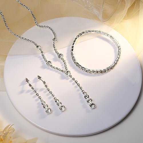 Jstyle Silver Jewelry Set for Women Rhinestone Crystal Necklace Drop Earrings Link Bangle Bracelet Bridal Wedding Jewelry Sets for Brides Bridemaid Prom Costume Accessories