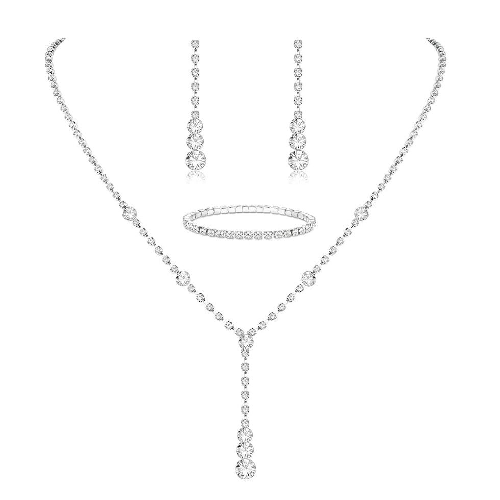 Jstyle Silver Jewelry Set for Women Rhinestone Crystal Necklace Drop Earrings Link Bangle Bracelet Bridal Wedding Jewelry Sets for Brides Bridemaid Prom Costume Accessories