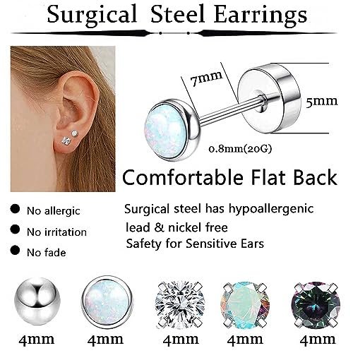 Jstyle Surgical Steel Earrings for Sensitive Ears Hypoallergenic 20G Stainless Steel Stud Hoop Earrings for Women Men Small Opal Ball CZ Surgical Steel Flat Back Earrings...