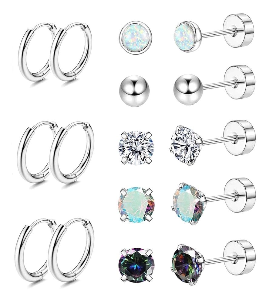 Jstyle Surgical Steel Earrings for Sensitive Ears Hypoallergenic 20G Stainless Steel Stud Hoop Earrings for Women Men Small Opal Ball CZ Surgical Steel Flat Back Earrings...