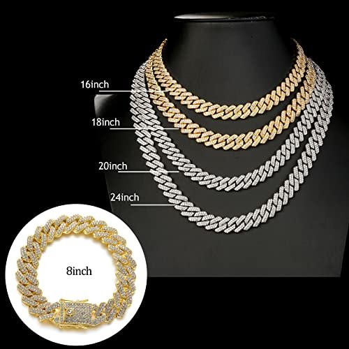 JUNVirtuous 2 Pieces Cuban Link Chain Mens Iced Out Miami Cuban Necklace and Bracelet Silver Bling Diamond Hip Hop Jewelry for Men and Women…