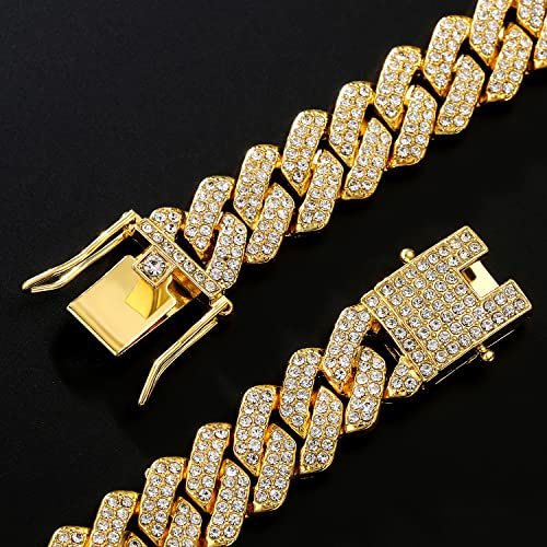 JUNVirtuous 2 Pieces Cuban Link Chain Mens Iced Out Miami Cuban Necklace and Bracelet Silver Bling Diamond Hip Hop Jewelry for Men and Women…