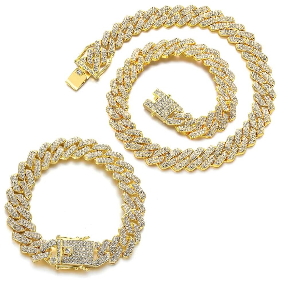 JUNVirtuous 2 Pieces Cuban Link Chain Mens Iced Out Miami Cuban Necklace and Bracelet Silver Bling Diamond Hip Hop Jewelry for Men and Women…