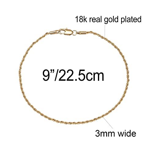 kelistom 18K Gold/White Gold Plated Rope Chain Anklet, 3mm Stainless Steel Ankle Bracelets for Women and Men, 9 10 11 inches