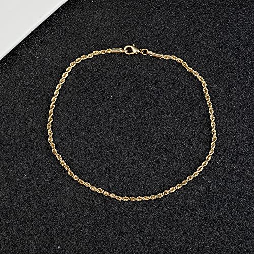 kelistom 18K Gold/White Gold Plated Rope Chain Anklet, 3mm Stainless Steel Ankle Bracelets for Women and Men, 9 10 11 inches