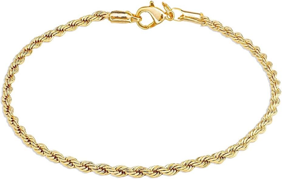 kelistom 18K Gold/White Gold Plated Rope Chain Anklet, 3mm Stainless Steel Ankle Bracelets for Women and Men, 9 10 11 inches