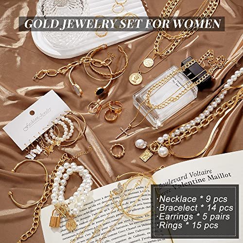 KISS WIFE Gold Jewelry Set for Women, Multi Layered Necklaces Stackable Bracelets Knuckle Rings and Hoop Earrings Sets, Fashion Vacation Jewelry Costume Jewelry Packs