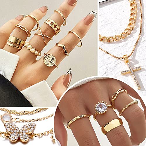 KISS WIFE Gold Jewelry Set for Women, Multi Layered Necklaces Stackable Bracelets Knuckle Rings and Hoop Earrings Sets, Fashion Vacation Jewelry Costume Jewelry Packs