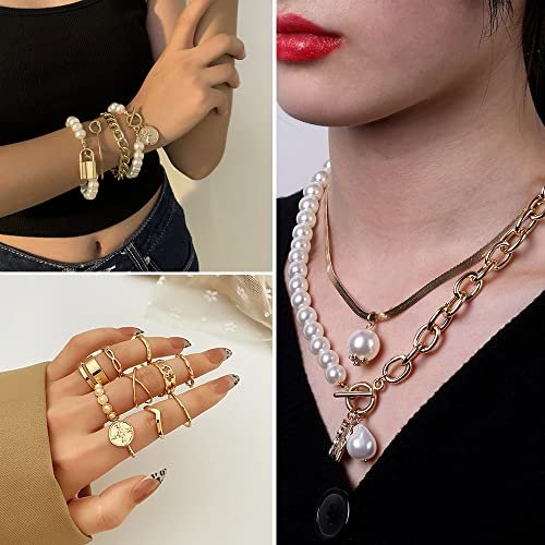 KISS WIFE Gold Jewelry Set for Women, Multi Layered Necklaces Stackable Bracelets Knuckle Rings and Hoop Earrings Sets, Fashion Vacation Jewelry Costume Jewelry Packs