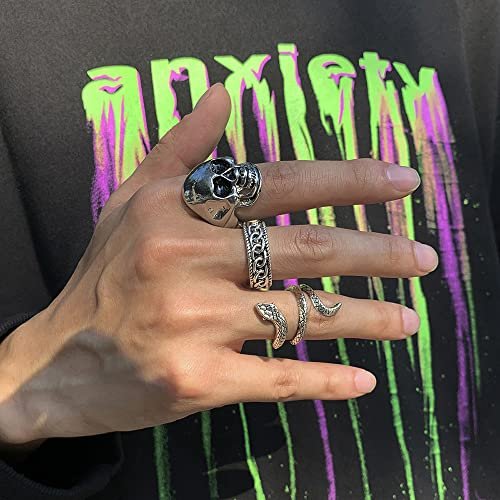 KISS WIFE Vintage Silver Punk Rings Set for Men, Cool Gothic Chunky Rings Bulk, Skull Snake Spade Ace Malachite Stackable Hippie Knuckle Rings Pack, Trendy Men's Jewelry Gift...