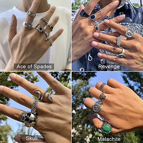 KISS WIFE Vintage Silver Punk Rings Set for Men, Cool Gothic Chunky Rings Bulk, Skull Snake Spade Ace Malachite Stackable Hippie Knuckle Rings Pack, Trendy Men's Jewelry Gift...