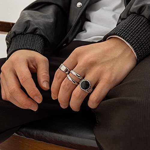 KISS WIFE Vintage Silver Punk Rings Set for Men, Cool Gothic Chunky Rings Bulk, Skull Snake Spade Ace Malachite Stackable Hippie Knuckle Rings Pack, Trendy Men's Jewelry Gift...