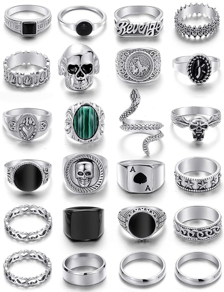 KISS WIFE Vintage Silver Punk Rings Set for Men, Cool Gothic Chunky Rings Bulk, Skull Snake Spade Ace Malachite Stackable Hippie Knuckle Rings Pack, Trendy Men's Jewelry Gift...