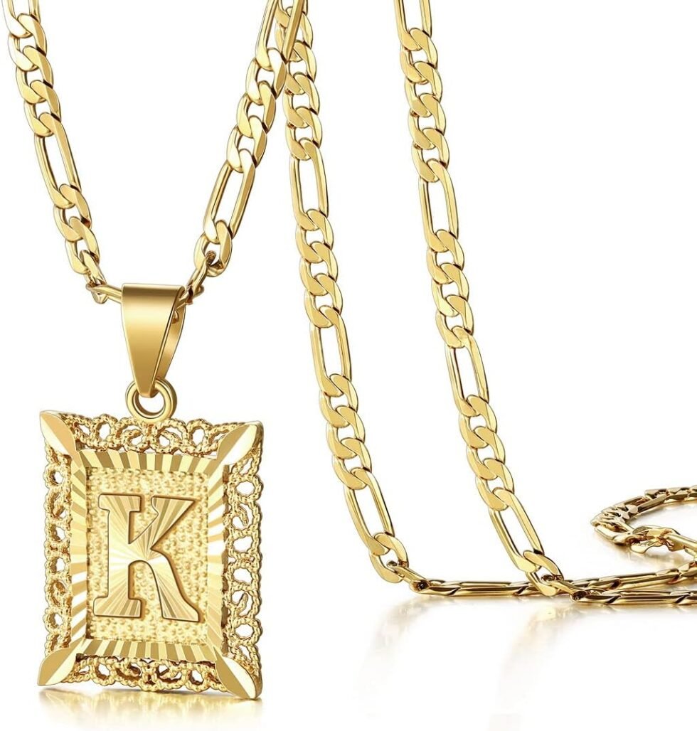 KissYan Initial Letter Pendant Necklace for Men Womens, 18K Gold Plated Square Capital Monogram Necklace Alhpabets from A-Z Figaro Chain Necklace