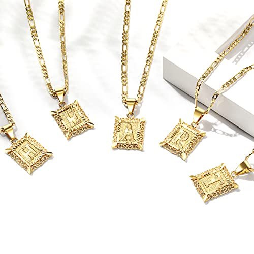 KissYan Initial Letter Pendant Necklace for Men Womens, 18K Gold Plated Square Capital Monogram Necklace Alhpabets from A-Z Figaro Chain Necklace