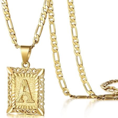 KissYan Initial Letter Pendant Necklace for Men Womens, 18K Gold Plated Square Capital Monogram Necklace Alhpabets from A-Z Figaro Chain Necklace