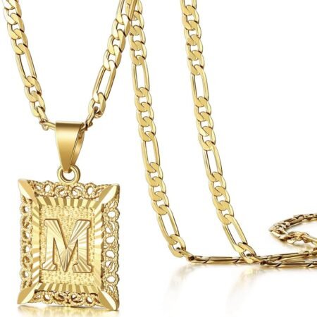 KissYan Initial Letter Pendant Necklace for Men Womens, 18K Gold Plated Square Capital Monogram Necklace Alhpabets from A-Z Figaro Chain Necklace