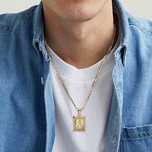 KissYan Initial Letter Pendant Necklace for Men Womens, 18K Gold Plated Square Capital Monogram Necklace Alhpabets from A-Z Figaro Chain Necklace