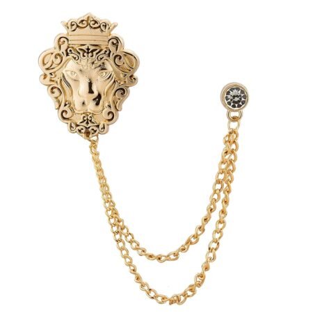 Knighthood Vintage Men Golden Crowned Lion King With Stone Hanging Chain Brooch Pins Lapel Pin, Suit Coat for Women Accessories