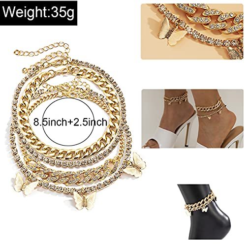 Layered Butterfly Anklet for Women Charms Butterfly Gold Silver Rhinestone Cuban Anklets Adjustable Anklet for Summer Beach