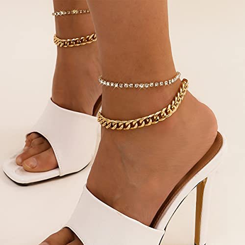 Layered Butterfly Anklet for Women Charms Butterfly Gold Silver Rhinestone Cuban Anklets Adjustable Anklet for Summer Beach