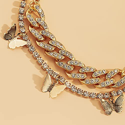Layered Butterfly Anklet for Women Charms Butterfly Gold Silver Rhinestone Cuban Anklets Adjustable Anklet for Summer Beach
