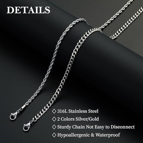 Layered Chain Necklaces for Men Women, 2Pcs Stainless Steel Cuban Link/Rope/Herringbone Chains Jewelry Gifts, 16 "/18 ", 18 "/20 ", 20 "/22 "