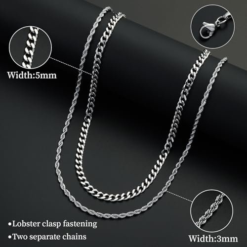 Layered Chain Necklaces for Men Women, 2Pcs Stainless Steel Cuban Link/Rope/Herringbone Chains Jewelry Gifts, 16 "/18 ", 18 "/20 ", 20 "/22 "