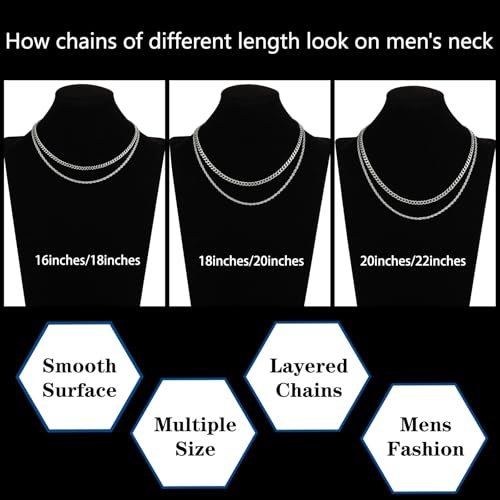 Layered Chain Necklaces for Men Women, 2Pcs Stainless Steel Cuban Link/Rope/Herringbone Chains Jewelry Gifts, 16 "/18 ", 18 "/20 ", 20 "/22 "