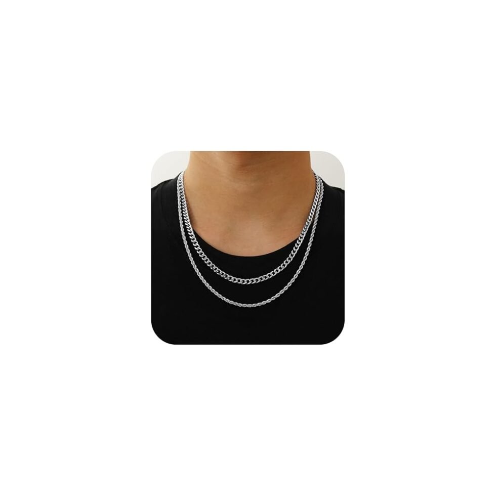 Layered Chain Necklaces for Men Women, 2Pcs Stainless Steel Cuban Link/Rope/Herringbone Chains Jewelry Gifts, 16 "/18 ", 18 "/20 ", 20 "/22 "