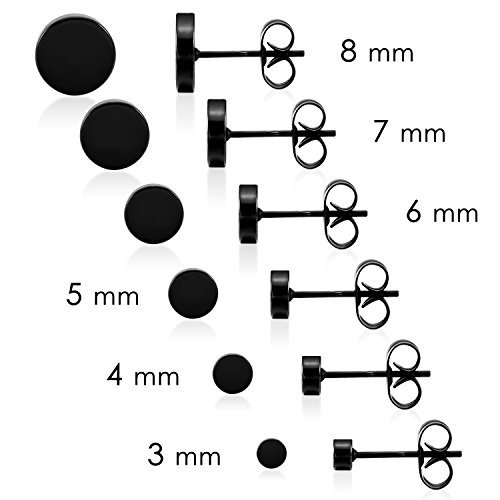 LIEBLICH Black Round Stud Earrings Set Stainless Steel Ear Studs for Men Women 6 Pairs 3mm-8mm … (Black)