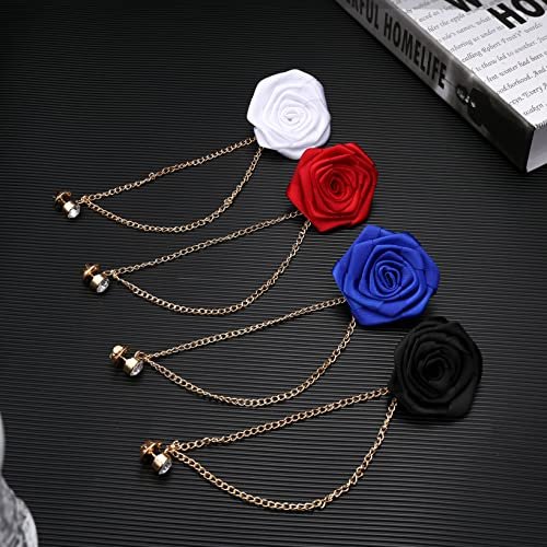 LOLIAS 4PCS Brooch Lapel Pin for Men with Hanging Chain,Brooch Suit Stud,Handmade Rose Flower Pins for Groom Wedding Prom Tassel Chain Brooch Pins Men's Suit Accessories